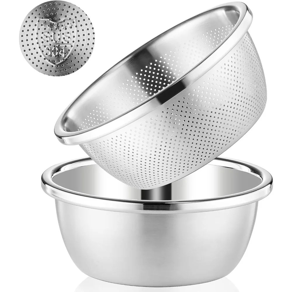 

Дуршлаг из нержавеющей стали 304, микропористый дуршлаг 5QT и большая чаша для кухни, сито для риса с миской для смешивания салатов для макарон St