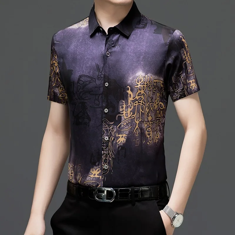 Retro Chinese Style Pattern Printed Short Sleeve Shirt Imitation Xiangyunsha Mulberry Silk Blouse