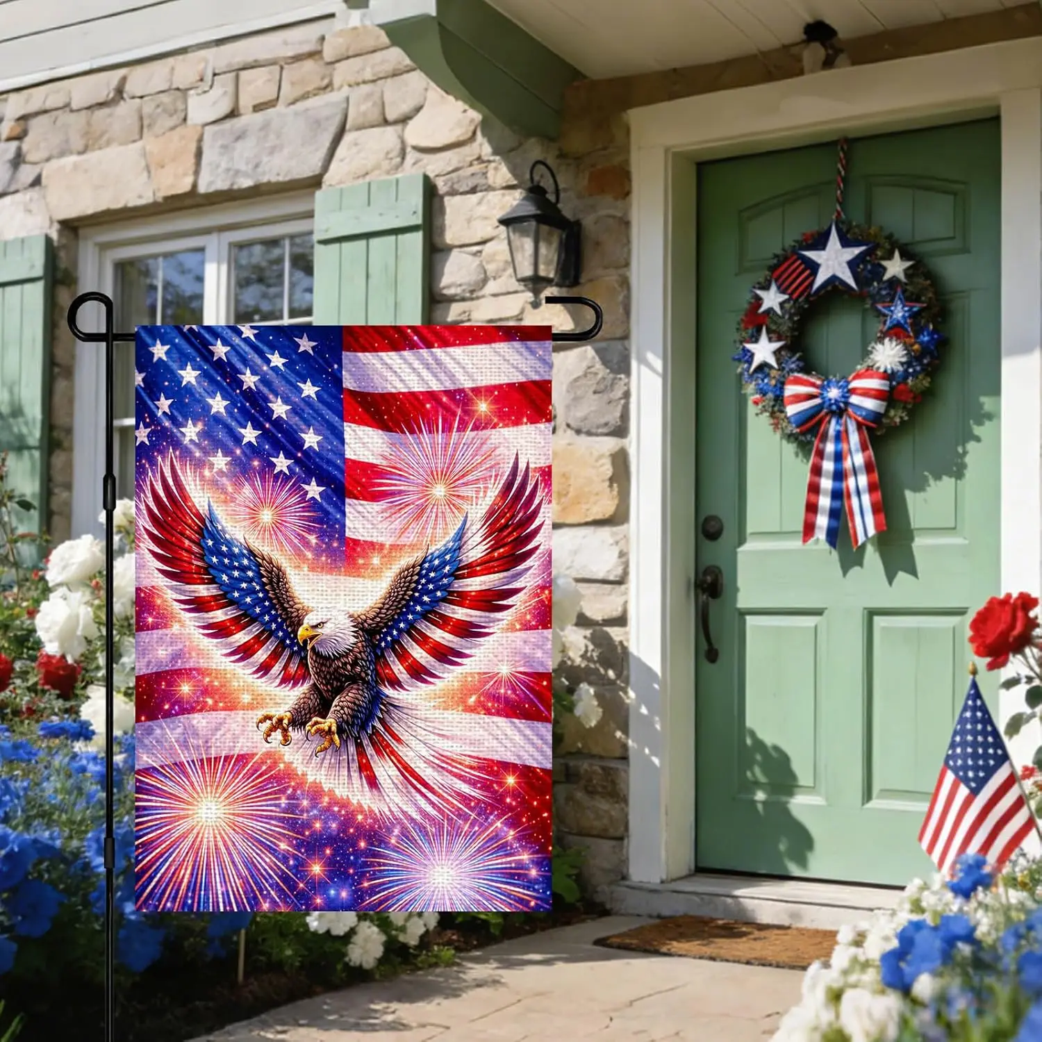IVN 4th of July Day Garden Flag 12x18 Inch Double Sided Burlap Eagle Wings Stars Stripes Celebration Design Small Outdoor Ya jjp