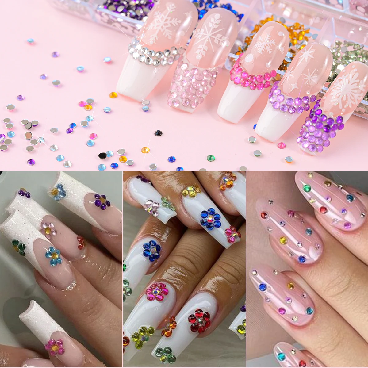 2 boîtes de strass colorés 3D pour Nail Art, demi-cercle/perles rondes, breloques pour ongles avec 1 stylo à empicoler et pince à dos plat, accessoire pour ongles