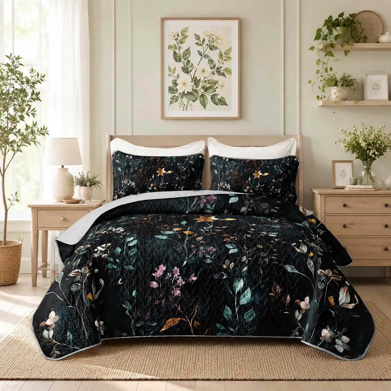 Floral Quilt Set Full Size,3 Pieces Bedding with 2 Pillowcases.