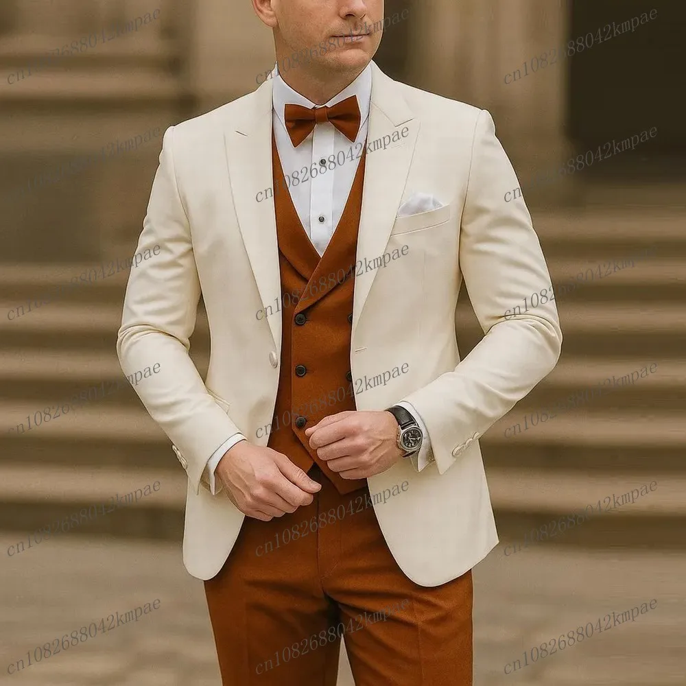 

White And Dark Orange Men Suit Formal Occasion Groom Groomsman Wedding Party Prom Male Tuxedos 3 Piece Set Blazer Vest Pants