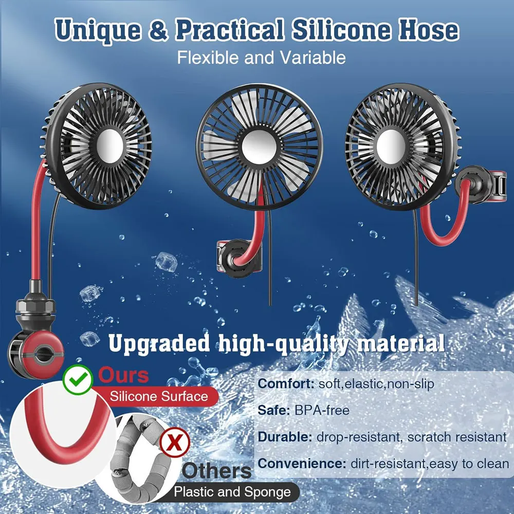 مروحة تبريد المقعد الخلفي للسيارة ، درجة قابلة للدوران ، 3 سرعاتٍ ، رياح قوية ، مروحة تهوية هادئة ، مشبك قابل للتعديل ، 5 فولت