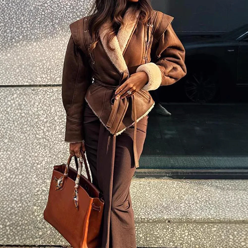 Giacca in Pelle Scamosciata da Donna Ele con Pelliccia Integrata e Cintura, Modello Cross-Border Autunno Inverno, in Pelle PU Spessa, Lunghezza Regolare