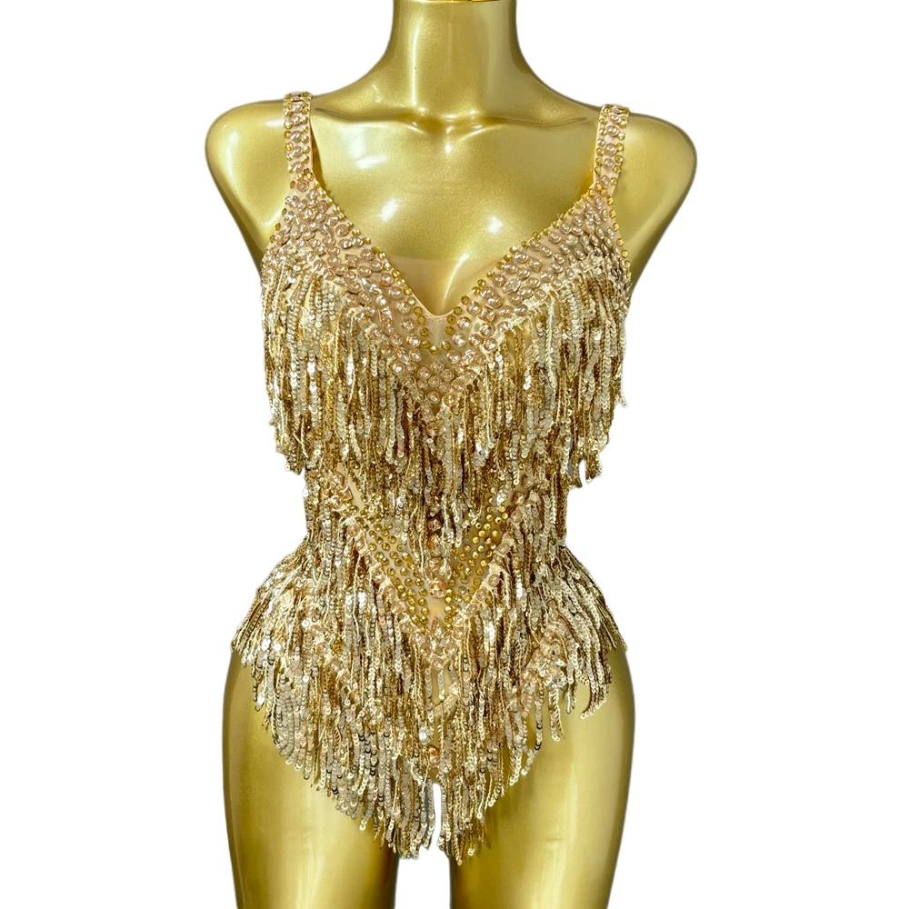 

Sparkly Rhinestones Sequins Tassels Bodysuit Women Sexy See Through Outfit Performance Dance Costume Singer Dancer Stage Wear