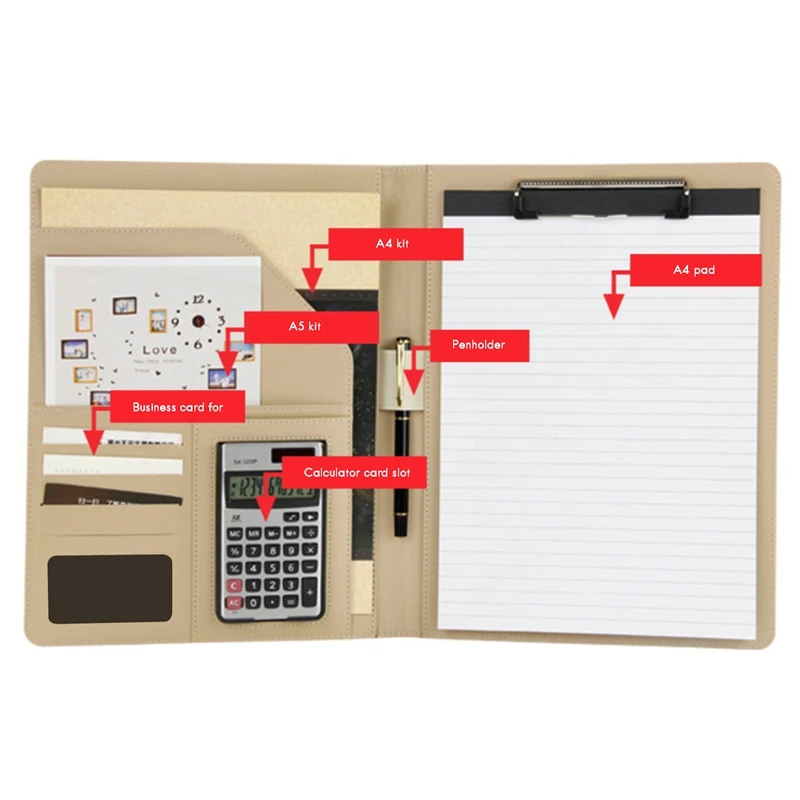 A4 Folder With 12-Digit Calculator Binder Organizer Manager Office Document Pad PU Leather Folder Briefcase