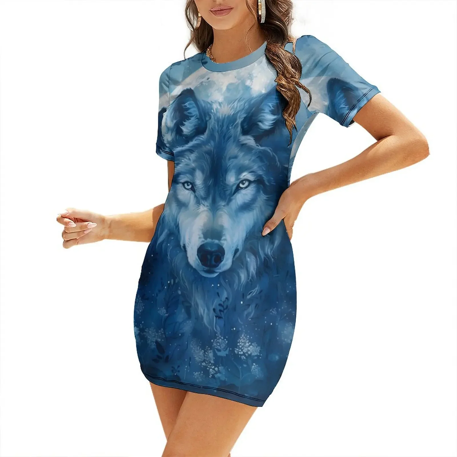

Moonlit Wolf Enchantment Short-Sleeved Dress Dress woman party dresses woman luxury woman party dress bandage