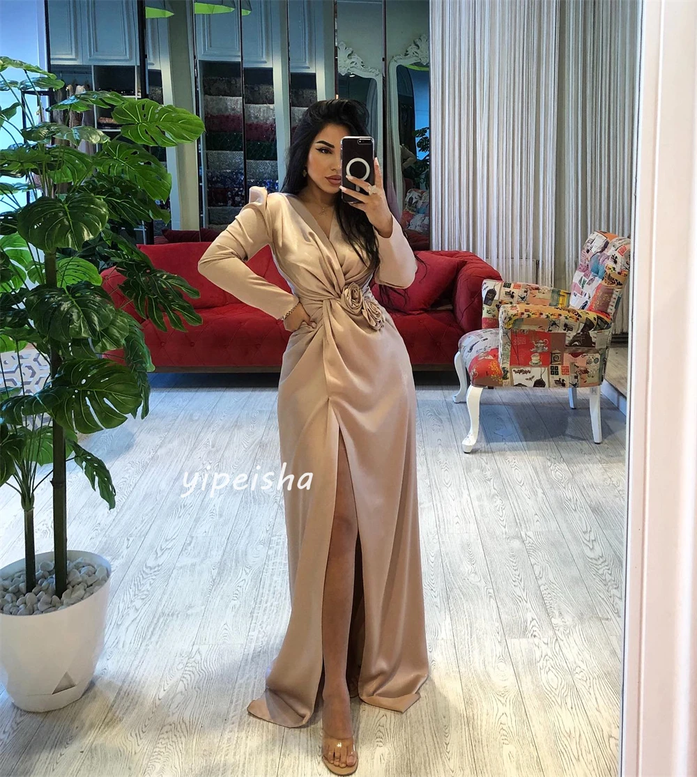 High Quality Sparkle Exquisite Satin Flower Ruched Cocktail Party A-line V-neck Bespoke Occasion Gown Long Dresses