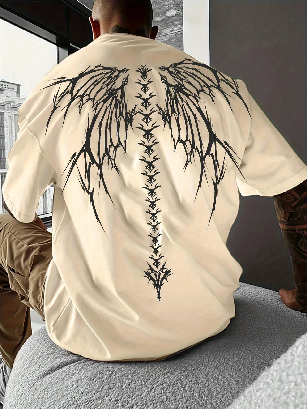 تي شيرت رجالي برقبة دائرية مطبوع عليه جناح العمود الفقري، تي شيرت صيفي رياضي خارجي بأكمام قصيرة كاجوال وأنيق #3