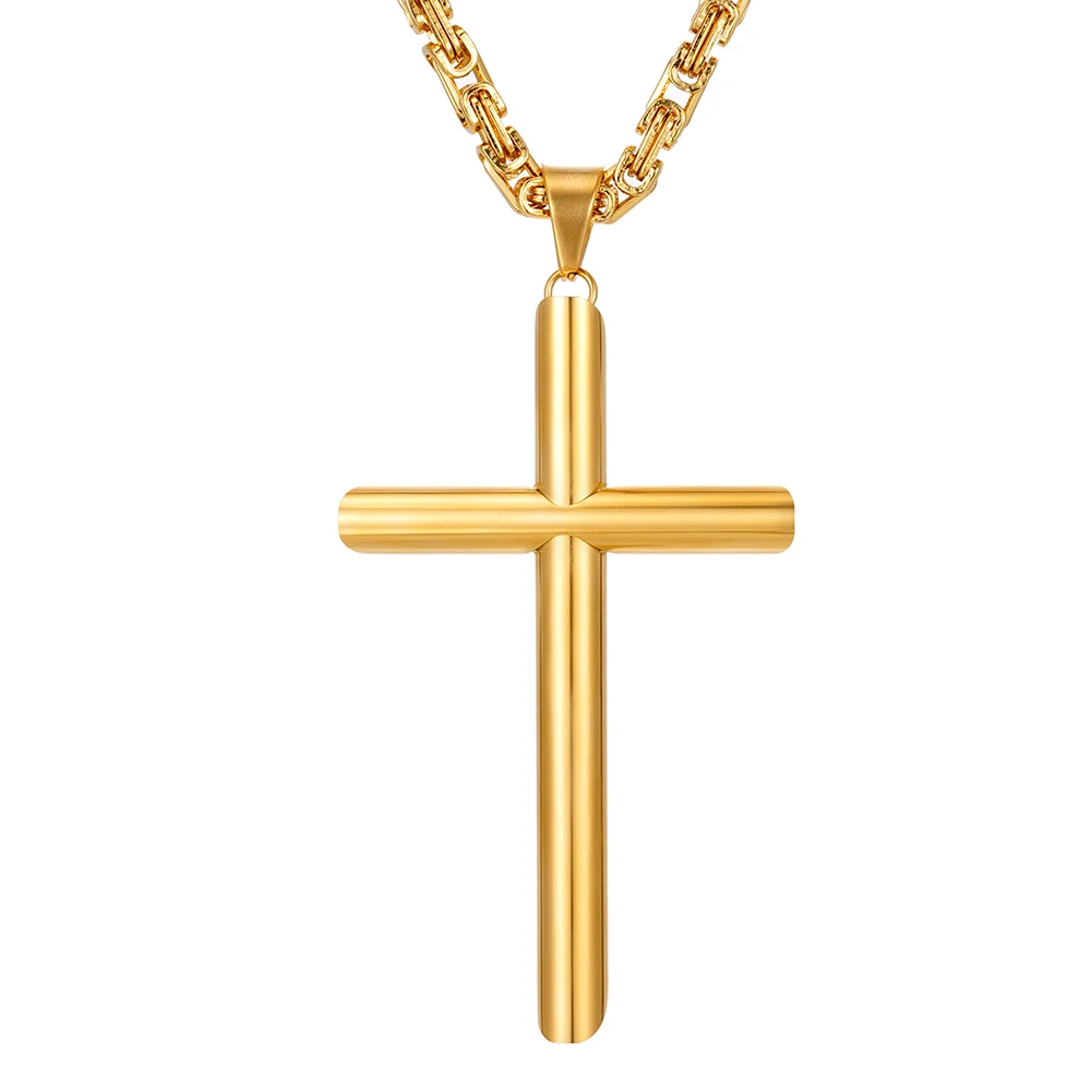 Gold Stainless Steel Big Cross Pendant Necklace with 6mm Byzantine Box Chain 22inch-36inch