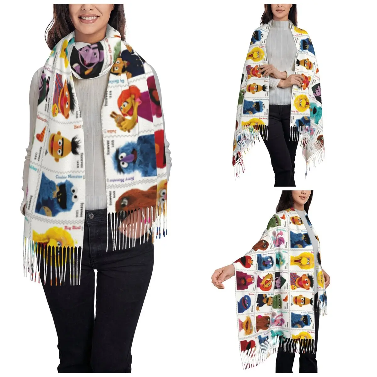 Women's Scarf with Tassel Sesame Street Characters Stamp Large Soft Warm Shawl and Wrap Elmo Big Bird Ernie Cashmere Scarf