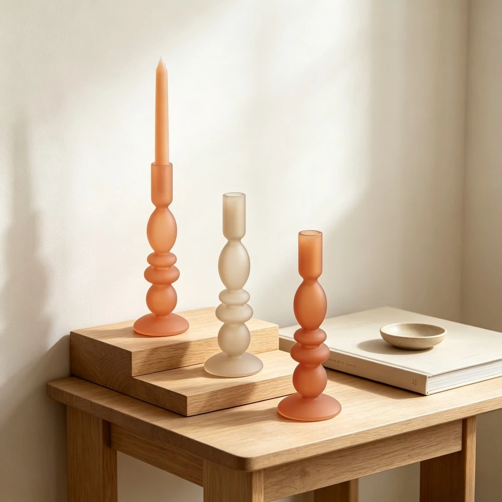 Nordic Style Frosted Glass Candle Holder Stacked Bulb Structure Taper Candlestick Elegant Desktop Decoration Wedding Banquet