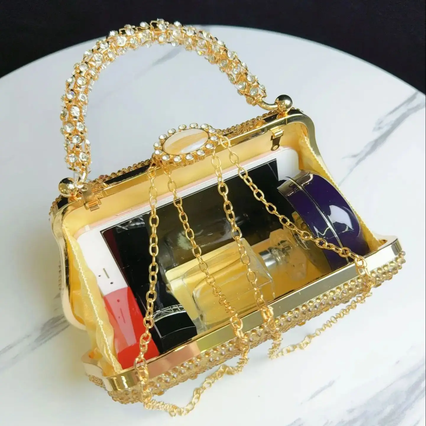 Gold Evening Bags for Women 2024 New Rhinestone Clutches and Purse Female Party/Dinner/banquet Handbags Prom Chain Shoulder Bags