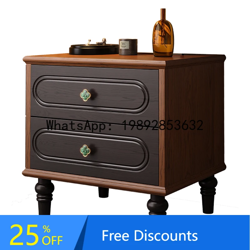 YFY Retro Bedside Table White Wax Wood Solid Wood Bedside Cabinet Double Color Matching Vintage Black Bedroom Home Use
