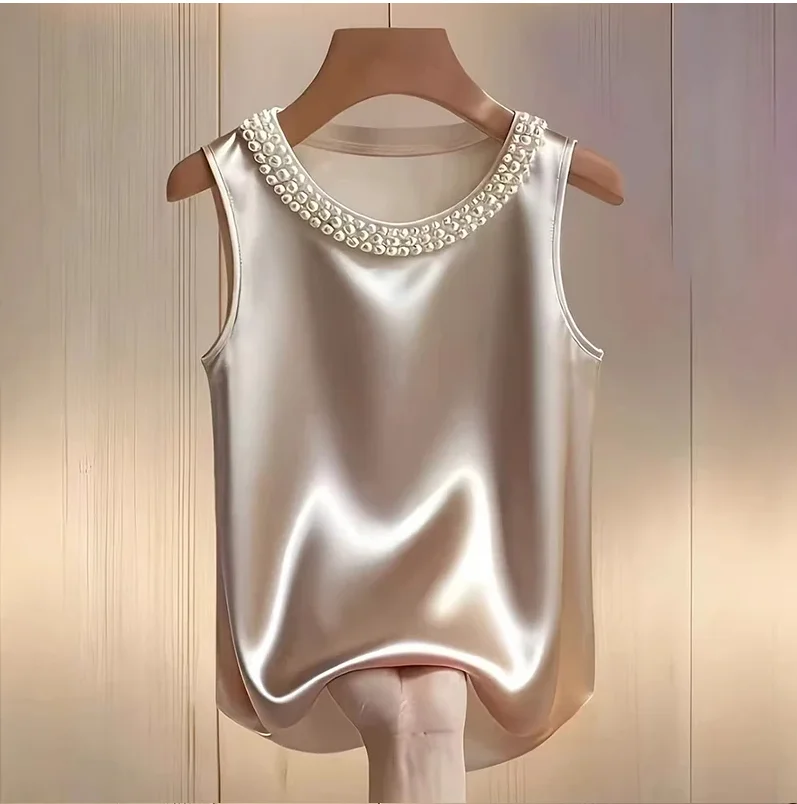 Elegant Satin Shirt Women Summer Bead Design Silk Blouse Women T-Shirts Fashion Loose Vest Women Tank Tops Fashion Lady Tee