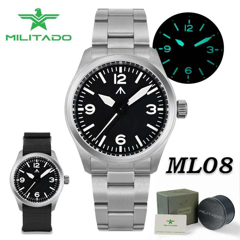 Militado ML08 38 مللي متر ساعة ميدانية VH31 سويب ثانية حركة كوارتز 100 متر مقاوم للماء 316L الفولاذ المقاوم للصدأ الياقوت ساعات مضيئة #1