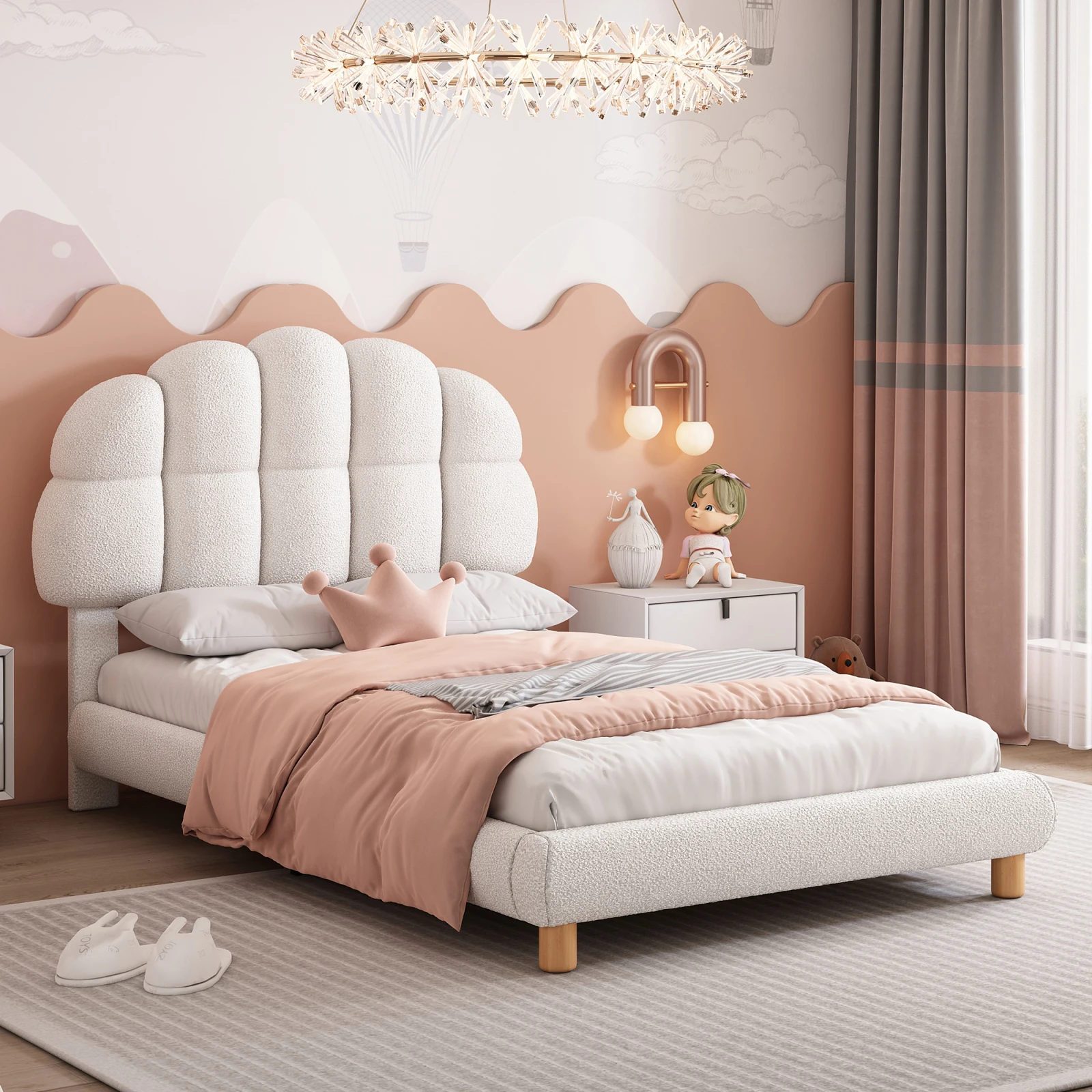 Upholstered Bed, Single Bed, 90x200cm, With Petal Headboard and Slatted Frame, Circular Lamb Fleece, For Children and Teenagers