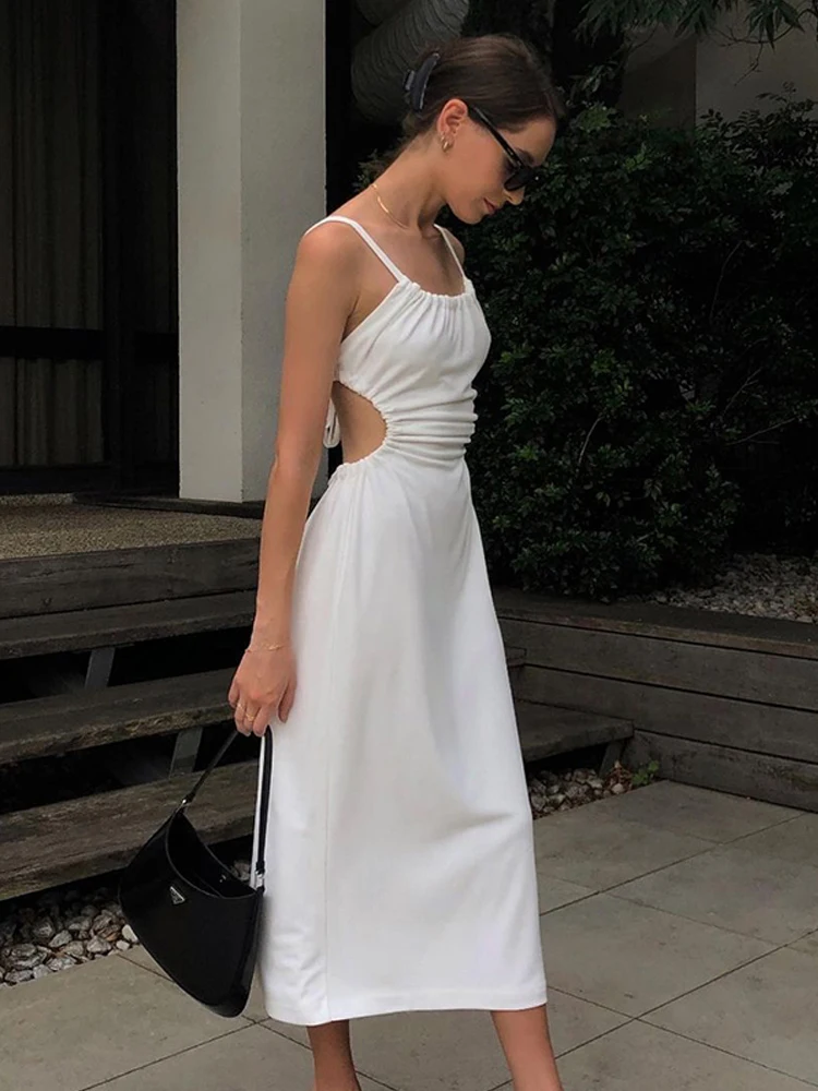 Strappy Backless Elegant Spaghetti Strap Dress Slim Sleeveless Crop Top Seductive Solid Color Bodycon Skirt Women's Long Dress