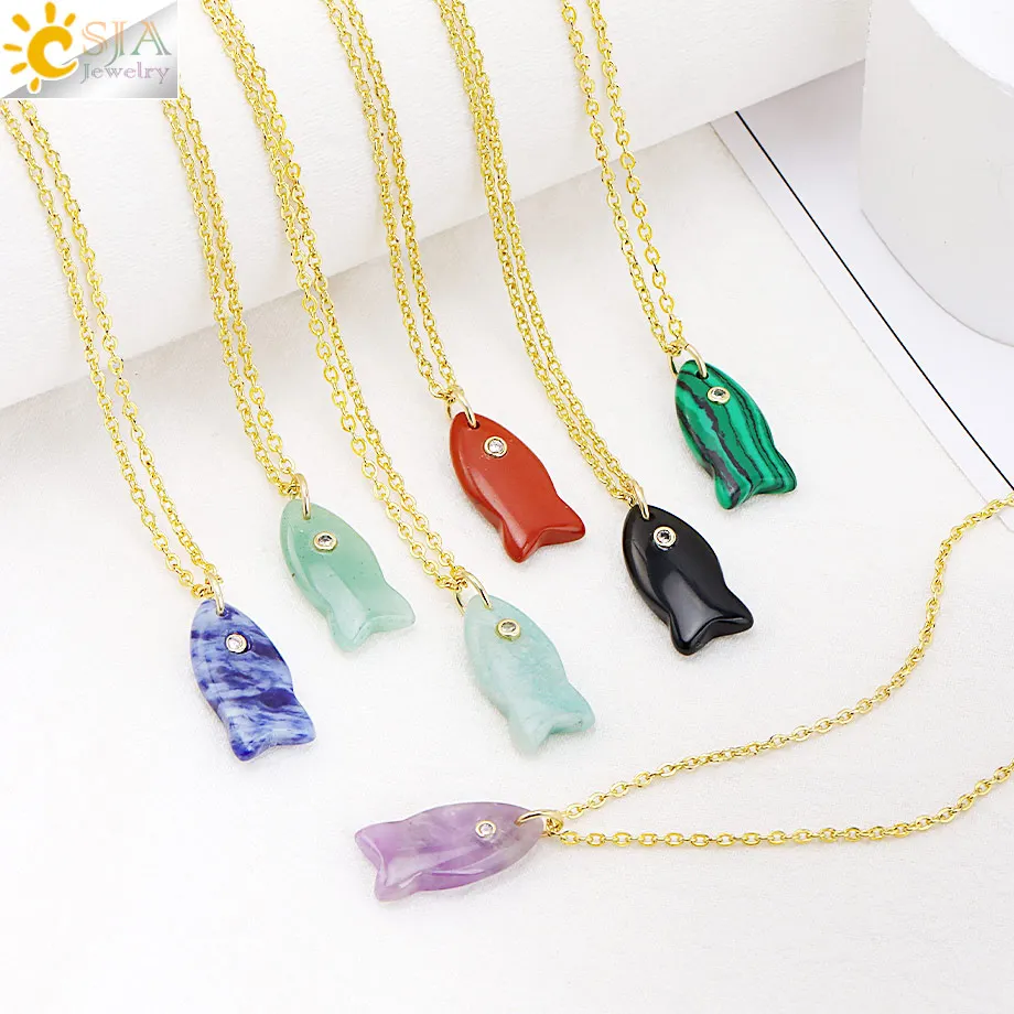  CSJA Creative Natural Stone Fish Pendant Necklaces Stainless Steel Chain Energy Crystal Amethyst Necklace for Women Man H848
