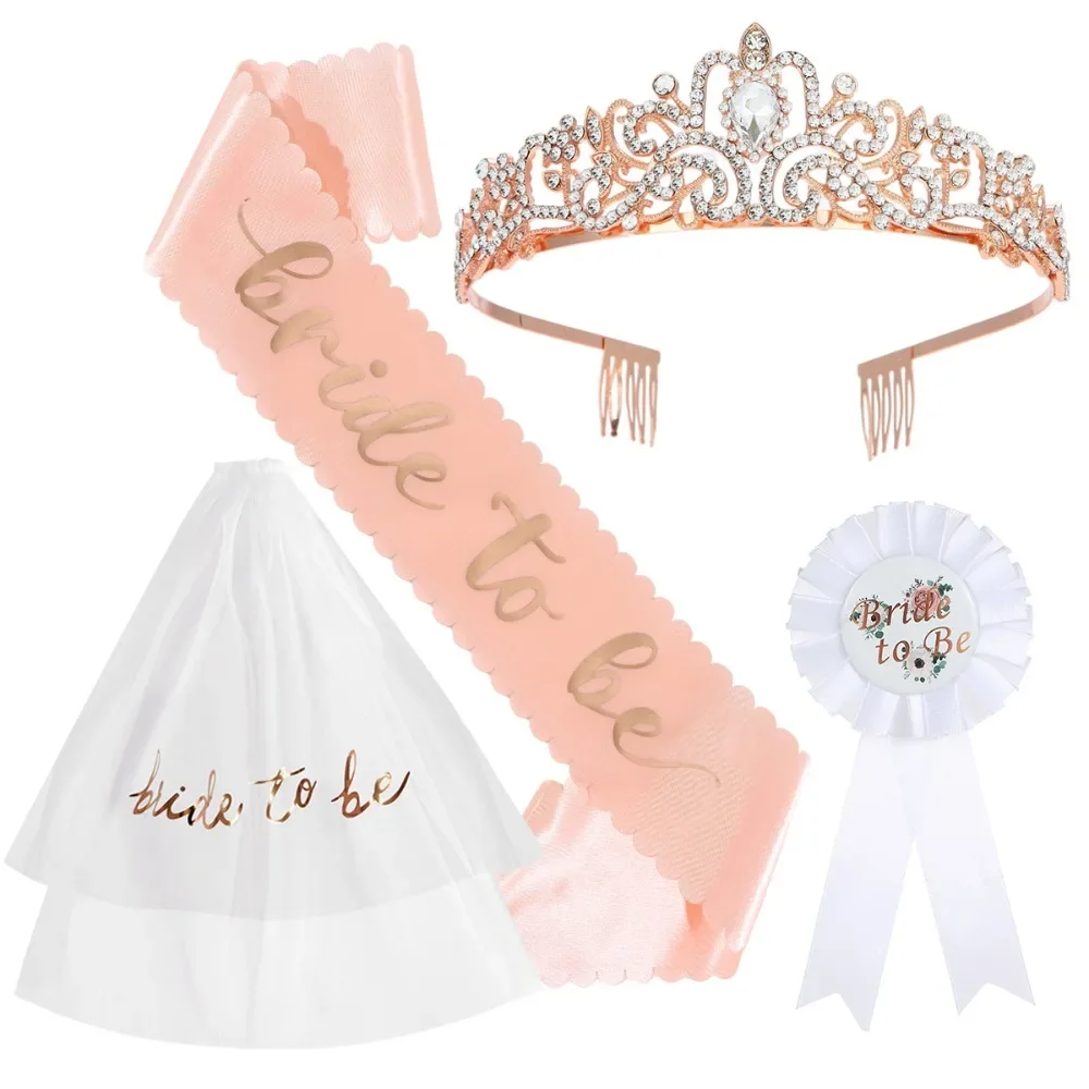 

4pcs/Set Bride To Be Tiara Crown Sash Badge and Veil for Hen Bachelorette Bridal Shower Wedding Party Favor Decorations Supplies
