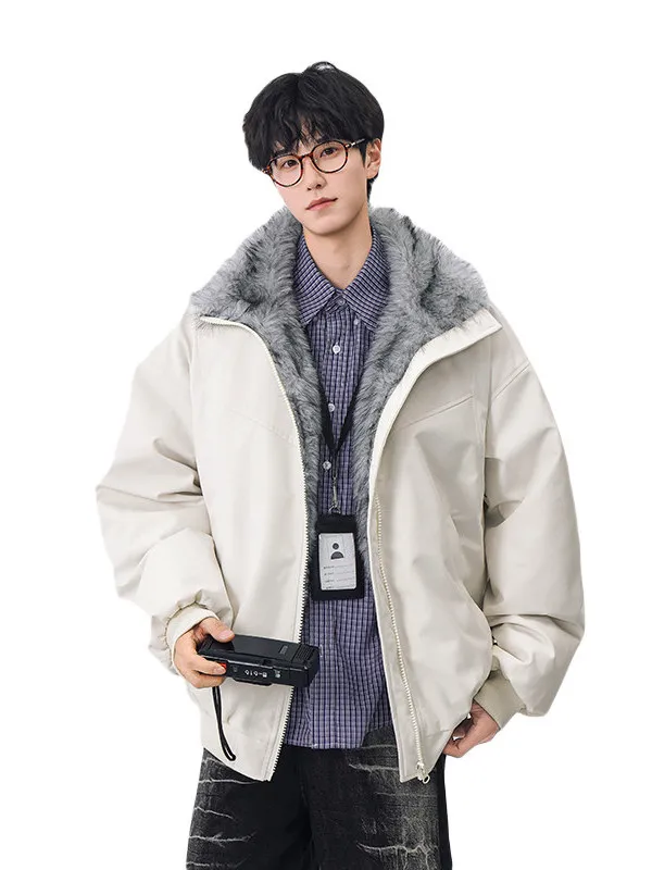 Men's Thiened Faux Fur Collar Cotton Jaet Winter Sli American Retro Fce Lined Quilted Coat Youth Casual Zipper Clo...