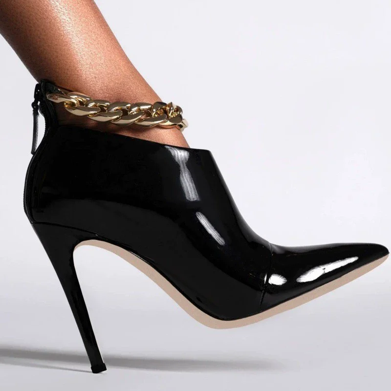 Spring and Autumn New Pointed Patent Leather Gold Chain Short Ankle Boots Banquet Large Size Thin Heel High-heeled Women's Shoes
