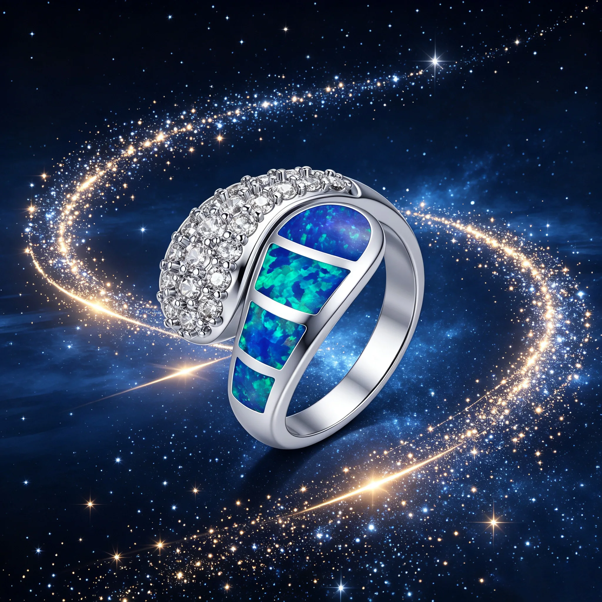 Women Asymmetric Cross Over Statement Ring, Blue Opal Stone Clear Zirconia Inlaid Wide Band Ring, Luxury Party Jewelry Gift - view 5