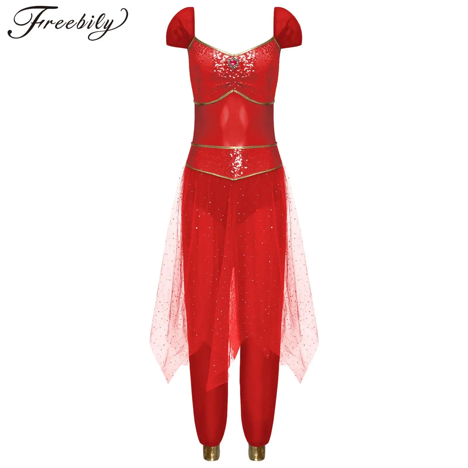 

Womens Arab Princess Costume Rompers Arabian Sequined Tulle Overlay Sleeveless Belly Dance Jumpsuit for Halloween Cosplay