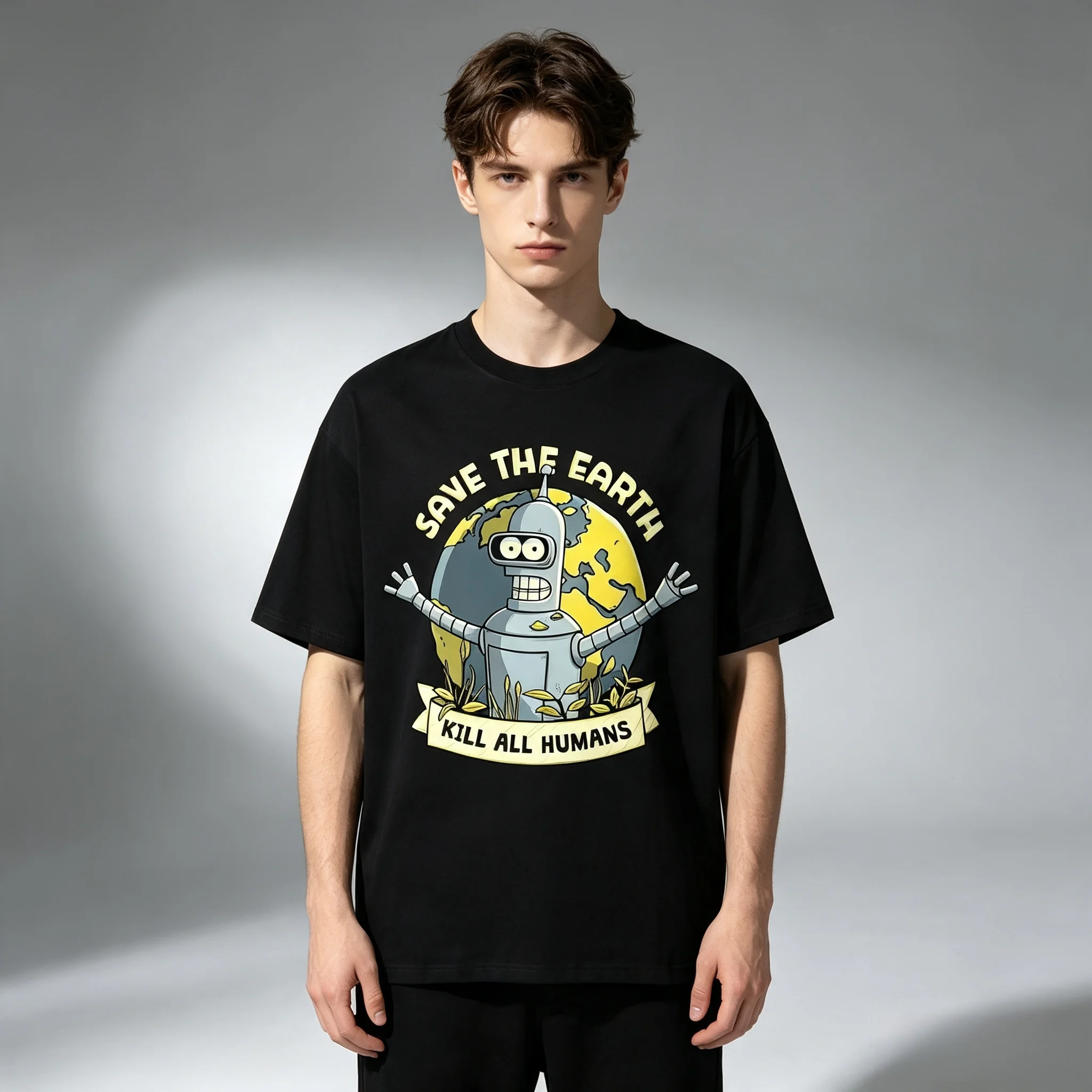 Funny Tees Save The Planet Kill All Humans Robot Graphic Print T Shirt Men Women Short Sleeve T-shirt Oversized Cotton Tops