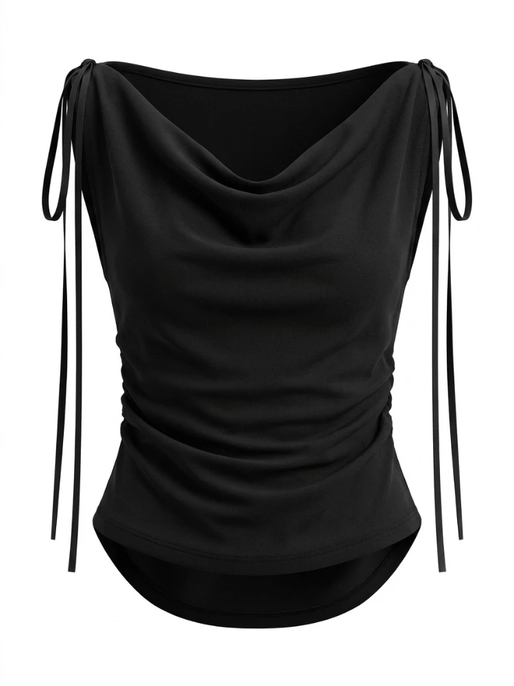Trendy Cowl Neck Y2K Drawstring Off Shoulder Slim Tops 2026 Summer New White Women's T-shirt Solid Versatile Lace-up Tee