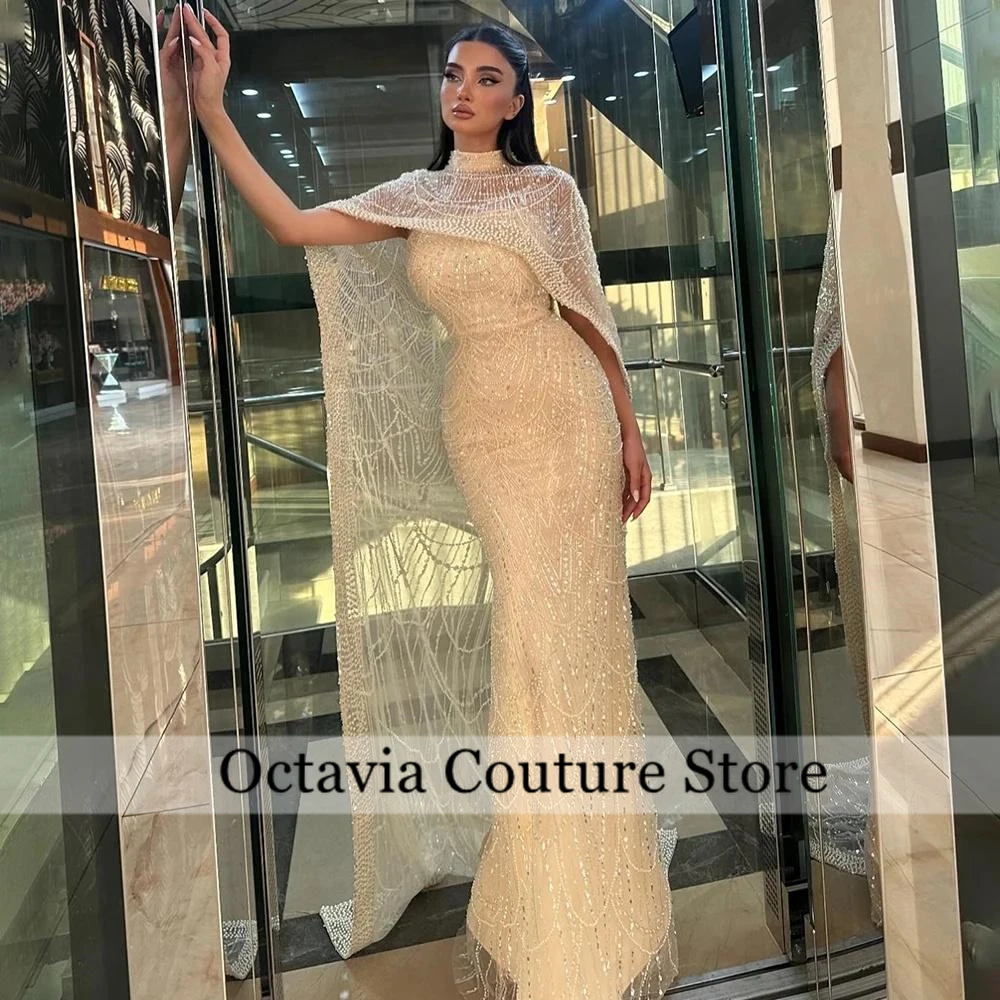 

Saudi Arabic Champagne Mermaid Long Cape Luxury Evening Dresses Gowns For Formal Occasion Customized 2025 فستان وردي