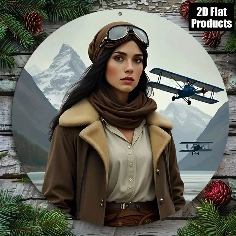 2D Flat High Definition Metal Wall Art Vintage Aviator Woman Brown Shearling Jacket Leather Goggles Beige Shirt Scarf Snow Mount