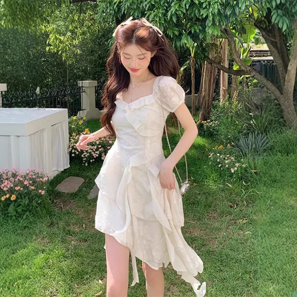 Super Fairy Lotus Leaf Irregular Dress for Women Summer 2024 Summer New Design Collection French First Love White Dress