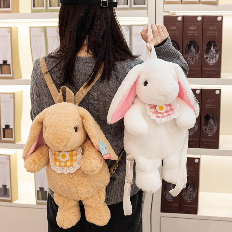 Cute Bunny Stuffed Bag Kawaii Rabbit  Pink Brown White With Bib Animal Stuffed Backpack Soft Stuffed Doll For Girl Birthday Gift