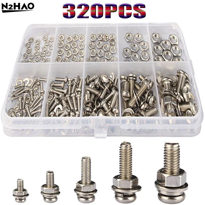 320Pcs Screws Nuts Washers Assortment Kit Rustproof Metric Hardware Set M2 M2.5 M3 M4 M5 For DIY Home Repair Industrial Use