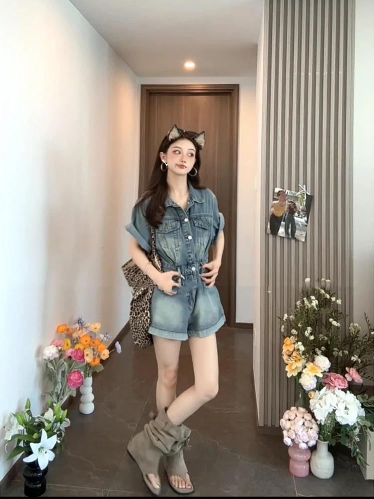 Women's Summer Washed Loose High Waisted Jumpsuit Fashion Spicy Girl Retro Street Casual Denim Short-sleeved Jumpsuit