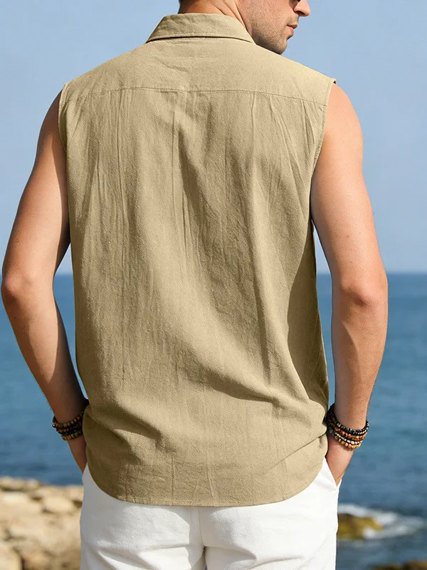 Men's Pure Color Sleeveless Lapel Shirt Casual Loose Fit Polyester No Ironing Treatment Summer Daily Wear Comfortable Polyester