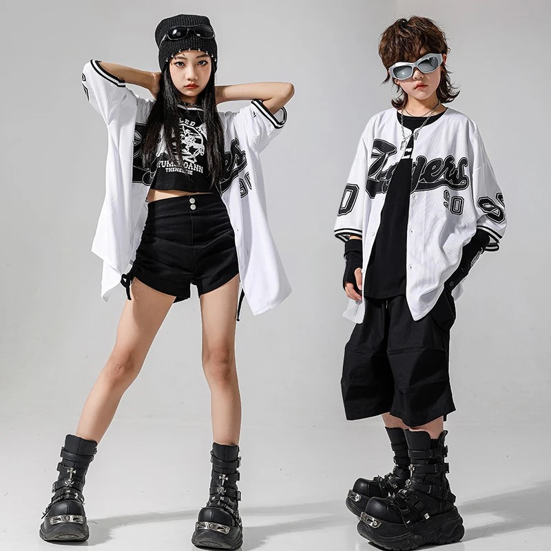 Traje de dança jazz kpop roupas cheerleading camisa de beisebol palco desempenho wear crianças legal hip hop roupas de rua vbh1629