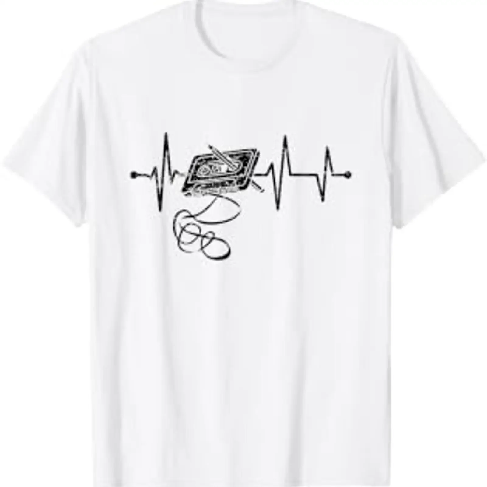 Retro Music Cassette Heartbeat Vintage Mixtape T Shirt White s vintage Washed Top For Everyday Wear Unisex Stretched