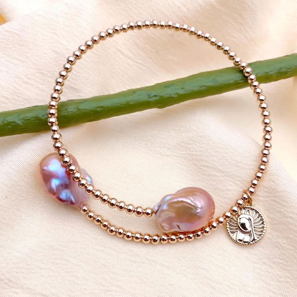 Y·YING Freshwater Cultured Purple Baroque Pearl Gold Plated Bangle Bracelet Adjustable