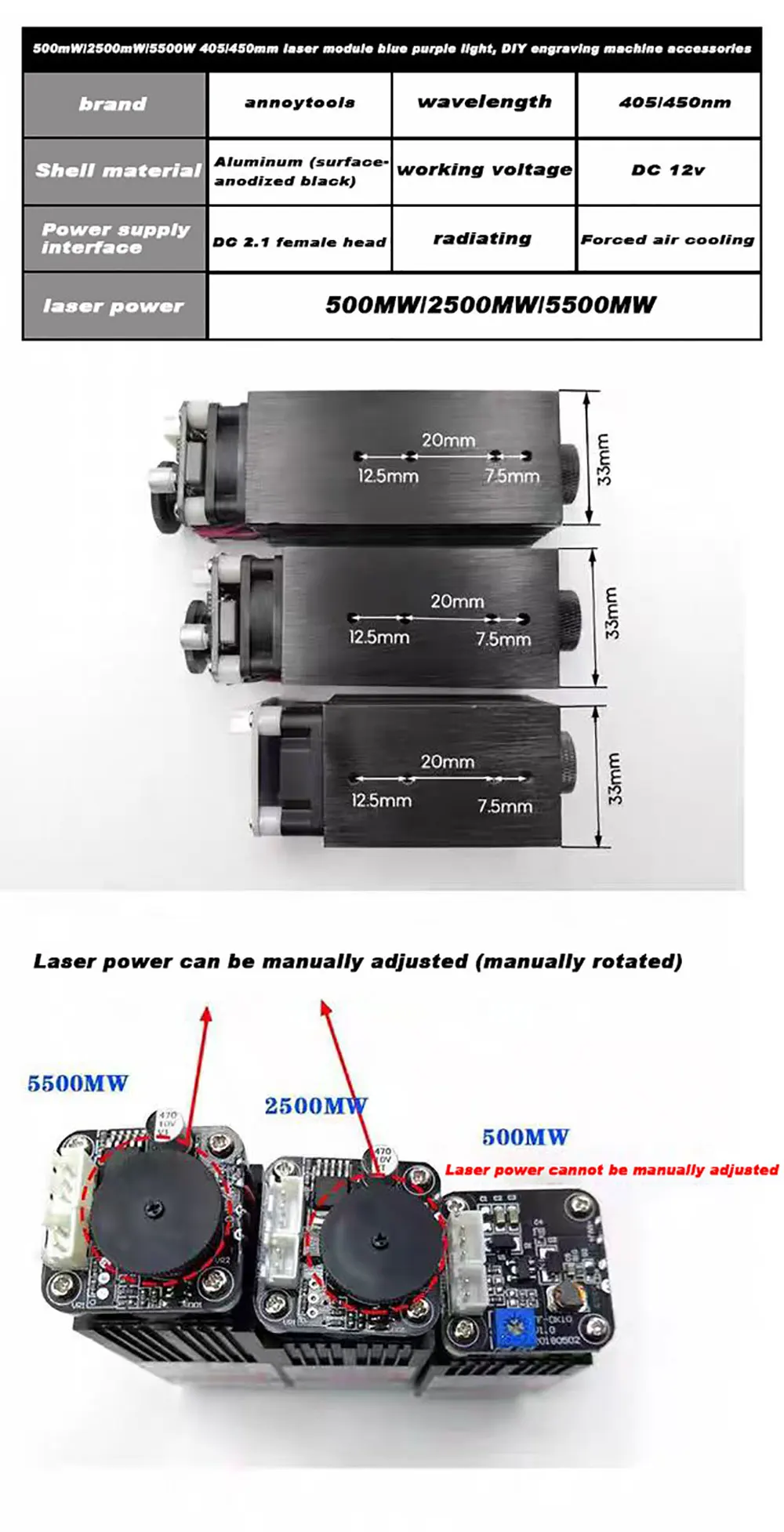 450nm 5500mW 5.5W high-power blue laser engraving machine laser head with adjustable focus PWM control