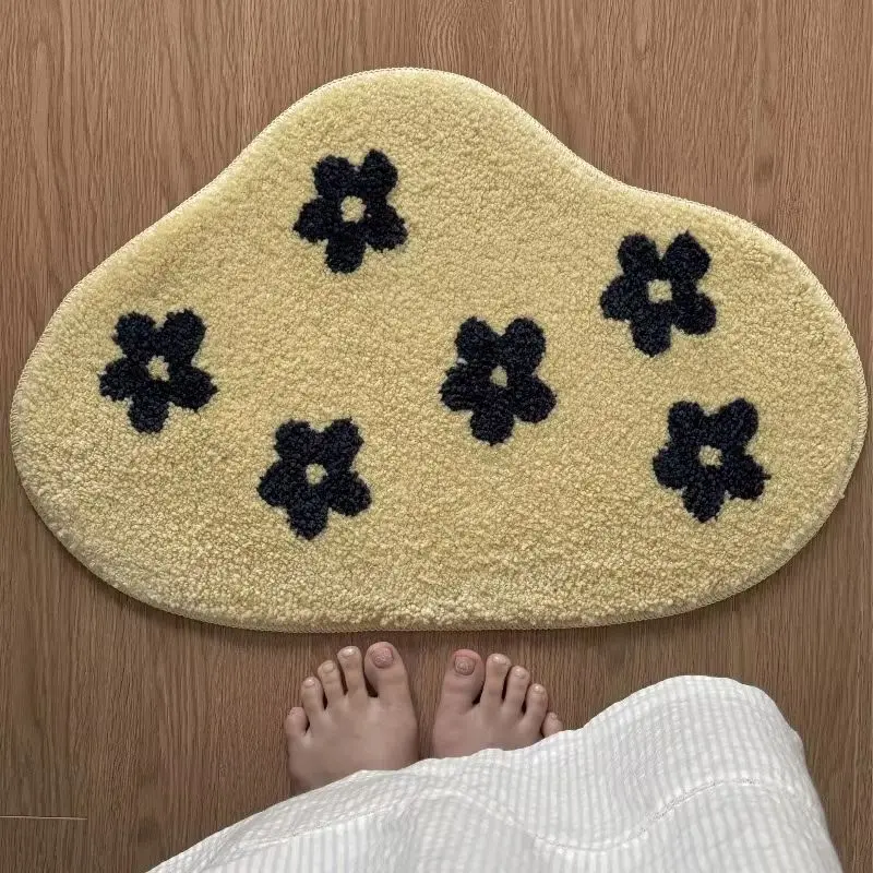 VIKAMA Cloud Floral Bath Mat Soft Fluffy Non Slip Cream Rug Minimalist Black Flower Absorbent Shower Bedroom Doormat Decor