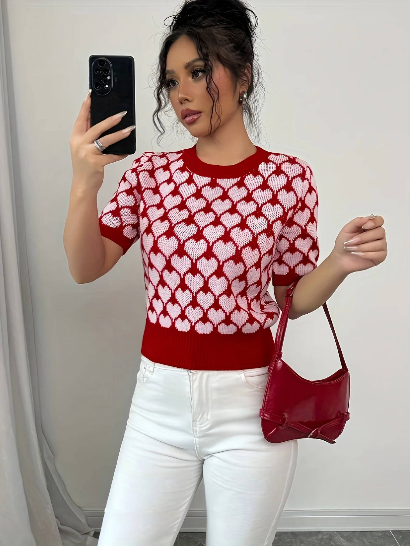 เสื้อถักแขนสั้นคอกลมลายแจ็คการ์ดทรงเข้ารูปสำหรับวันวาเลนไทน์ ลายหัวใจ สำหรับผู้หญิง ฤดูใบไม้ผลิ ฤดูร้อน