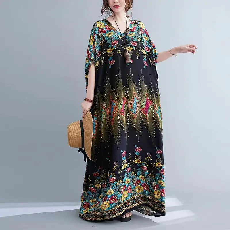 Batwing Sleeve Straight V-Neck Floral Printed Long Dress  Women Elegant Retro Ethnic Robe National Vintage Loose Holiday Dress