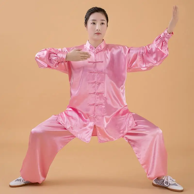 Women Silk Satin Yaga Tai Chi Suit Female Chinese Style Stand Collar Kung Fu Wushu Martial Arts Uniform Performance Jacket Pants