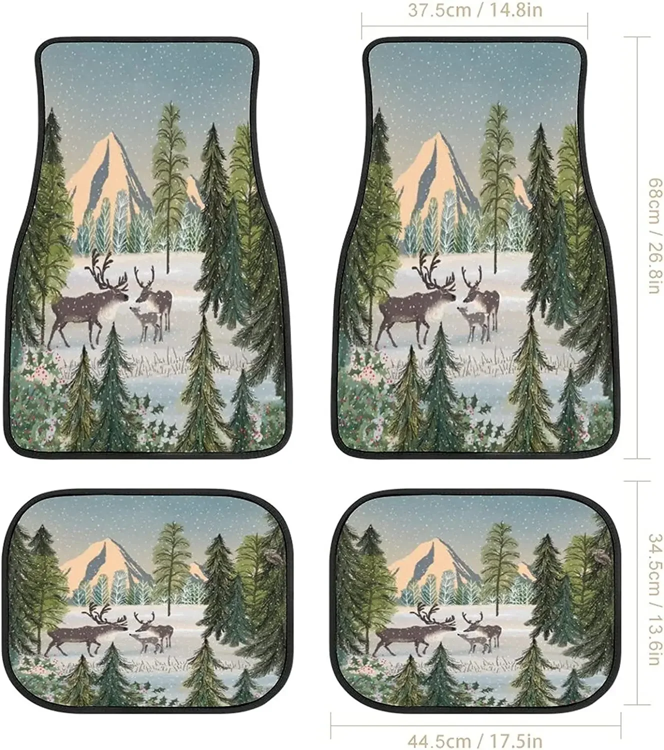 Winter Jane Newland Deer Animal Art Car Mats FrontRear 4-Piece Full Set Carpet Car SUV Truck Floor Mats with Non Slip Back