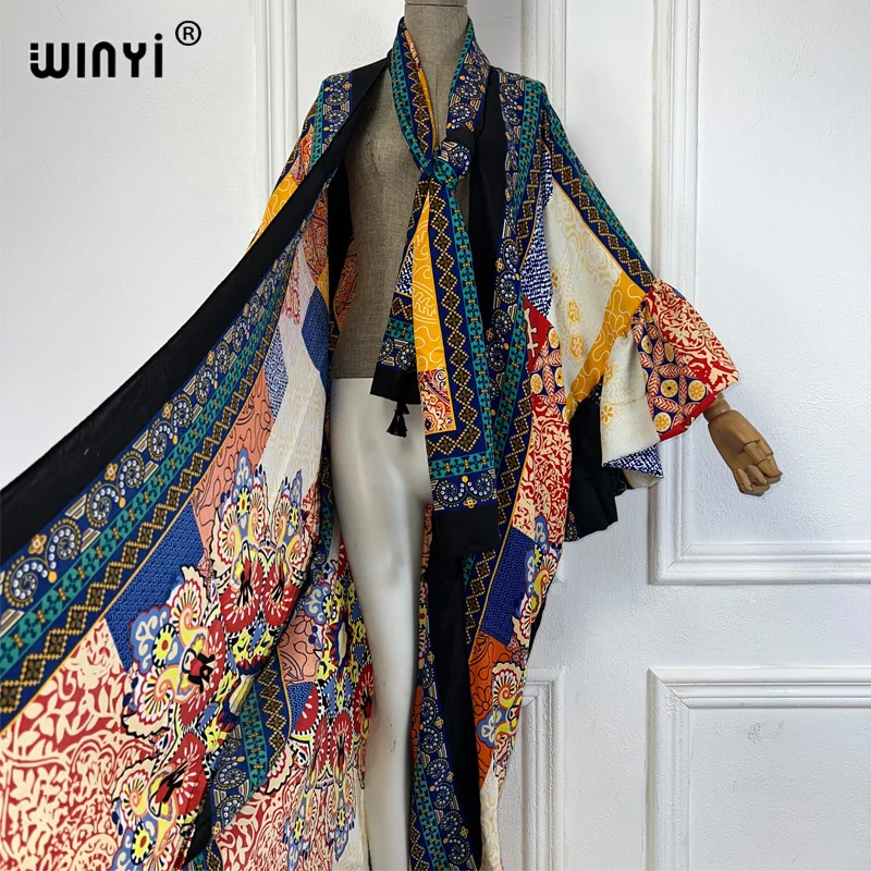 WINYI cotton feeling kimono print Self Belted dress Women Elegant holiday Bubble sleeve cardigan beach Wear Swim Suit cover up