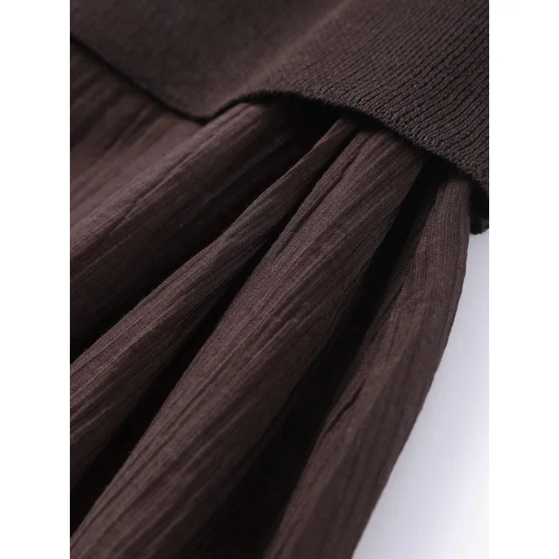 Bonny moda lavorato a maglia manica corta patchwork pieghettato abito longuette donna elegante o-collo a vita alta abito lungo da festa abito da donna