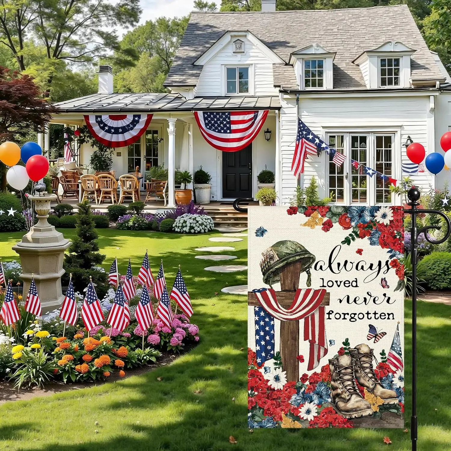 Artscope Patriotic Memorial Day Garden Flag 12x18 Inch Double Sided for Outside, Always Loved Never Forgotten Cross Garden F AAS