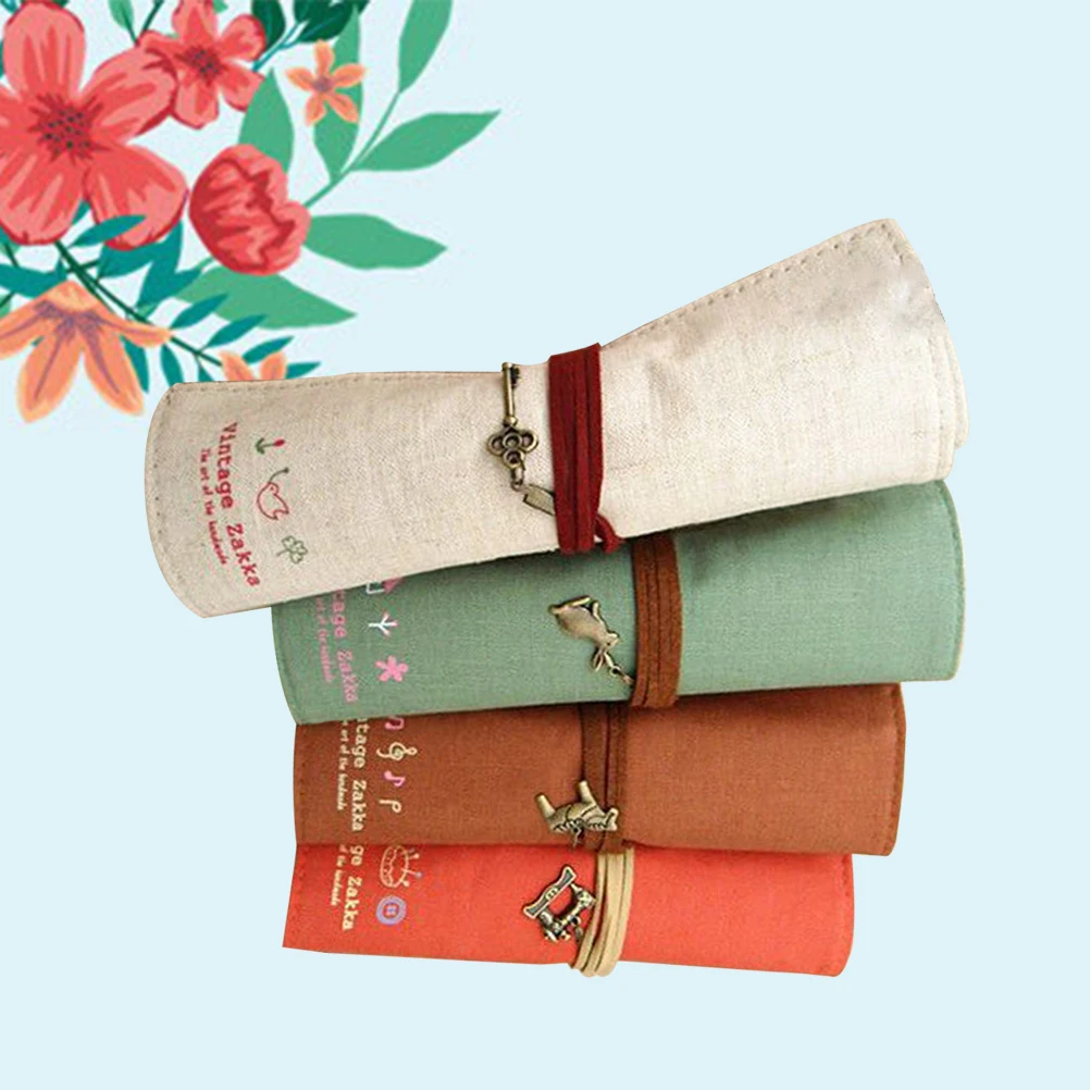 

4 Pcs Retro Canvas Pen Bag Roll-up Pencil Cases Stationary Multi-purpose Tool Carry Rolling